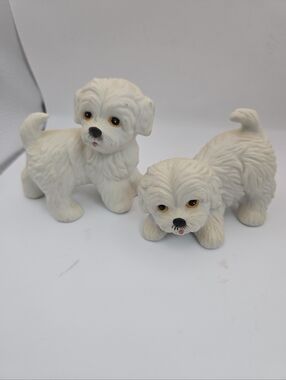 Vintage White Puppy Dog Figurines Set of 2 Ceramic Shih Tzu Maltese Style